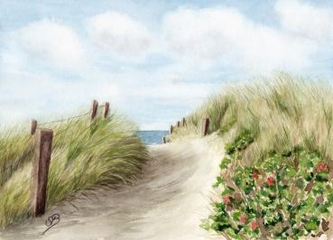 Postkarte DIN-A5 Strandweg  Aquarell Maritim Kunst Druck Kunstdruck Dänemark Nordsee Ostsee Dünen Meer Strand Sylt